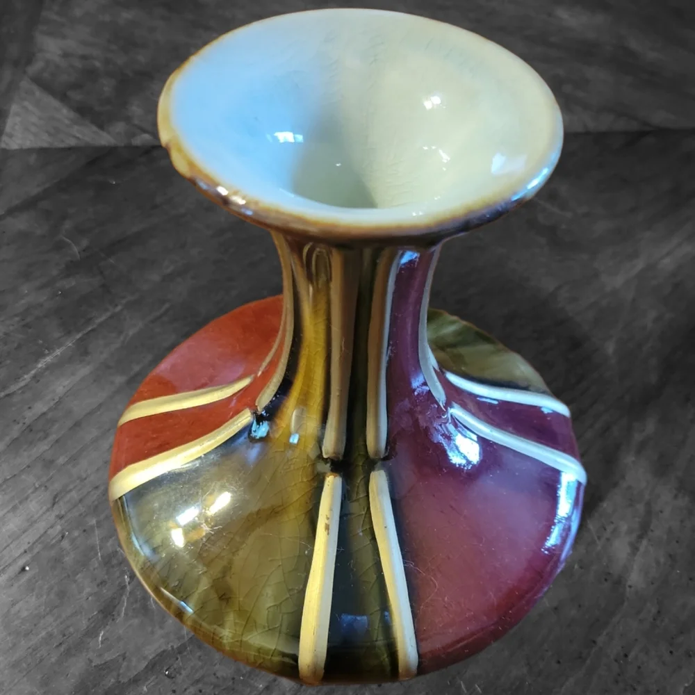 HOST PICK 🙂 Vtg Mid Century Art Deco Jeanie Wide Belly Vase Green Gold Burgundy
